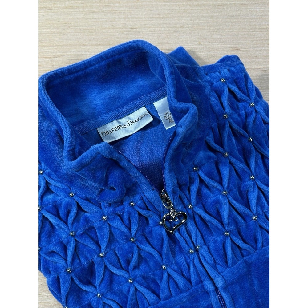 Draper & Damons Quilted Blue Velvet Jacket Womens L Luxe Boho Glam Soft Zip Coat